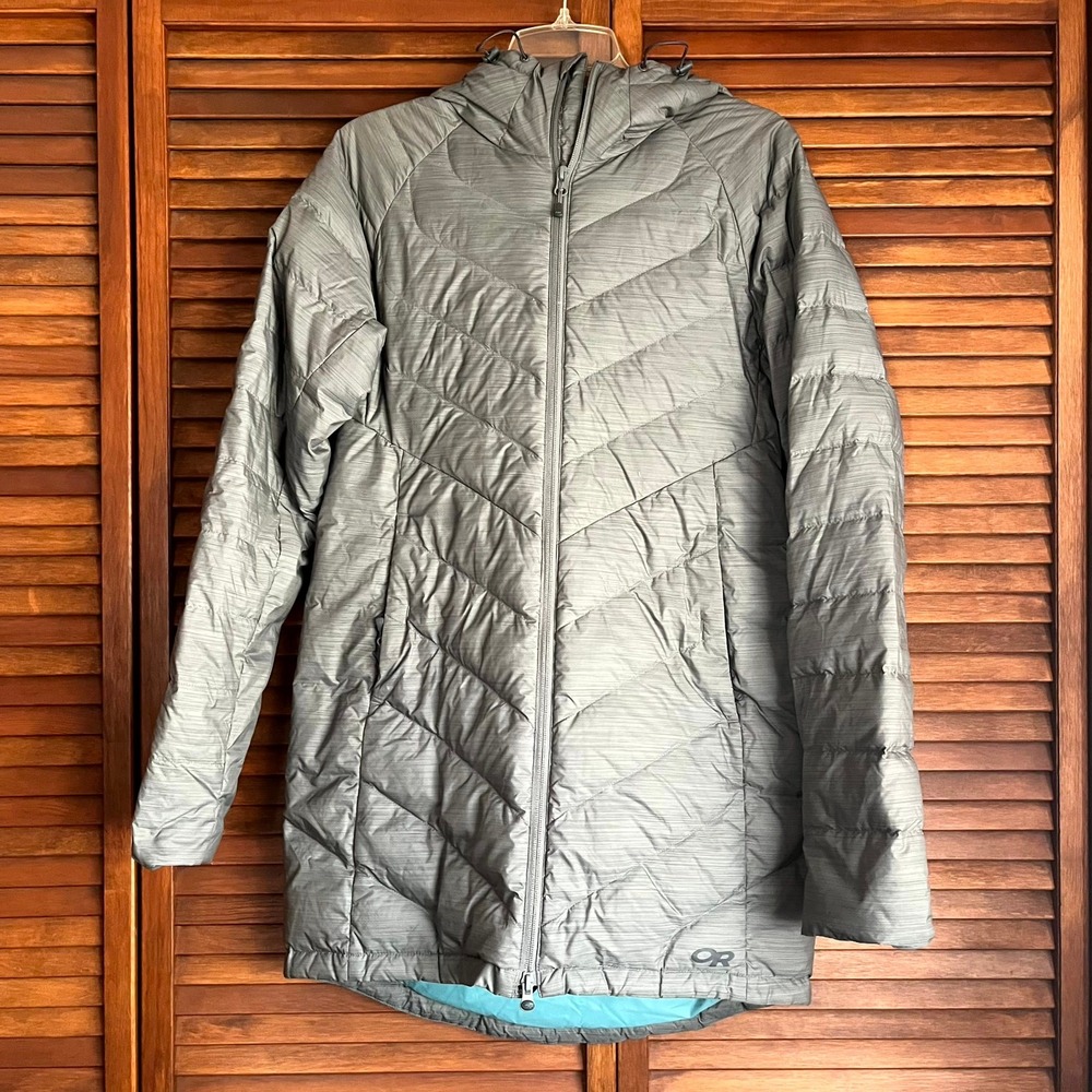 Outdoor Research Coat Emeralda Down Parka Grey Hooded Puffer Jacket Womens S